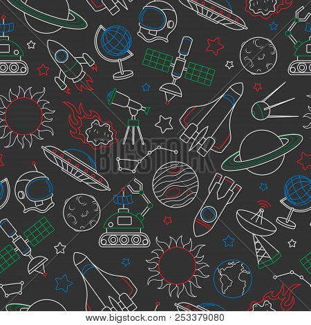 Seamless Pattern On The Theme Of Space And Space Flight, Icons Drawn With Colored Chalk On Dark Scho