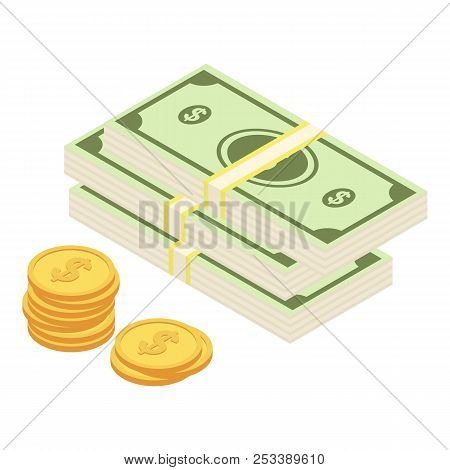 Dollar Coins Icon. Isometric Of Dollar Coins Icon For Web Design Isolated On White Background