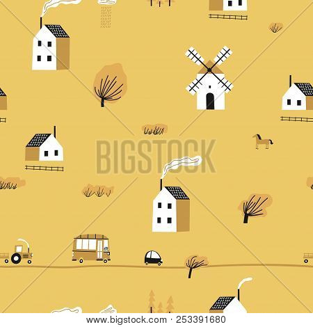 Seamless Colorful Pattern With House, Trees, Horses, Mills And Road. Europe Nature Landscape Concept