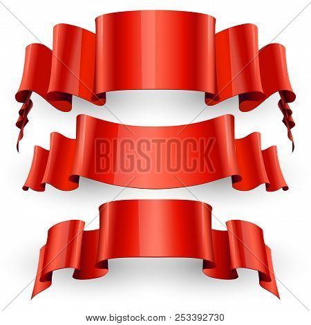 Ribbons Set. Realistic Red Glossy Paper Ribbon. Vector Illustration