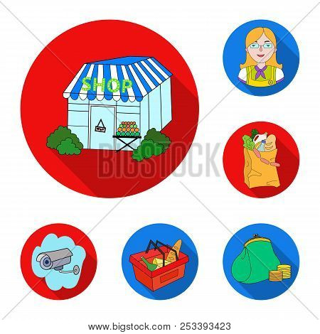 Supermarket And Equipment Flat Icons In Set Collection For Design. Purchase Of Products Vector Symbo