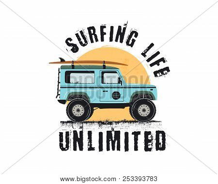Vintage Surf Emblem With Retro Woodie Car. Surfing Life Unlimited Typography. Included Surfboards, R