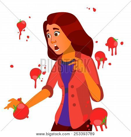 Business Woman Having Tomatoes Fail Speech Vector. Unsuccessful Presentation. Bad Public Speech. Eur