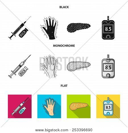 Syringe With Insulin, Pancreas, Glucometer, Hand Diabetic. Diabet Set Collection Icons In Black, Fla