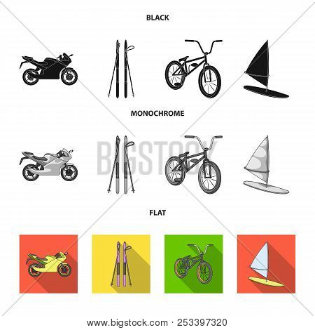 Motorcycle, Mountain Skiing, Biking, Surfing With A Sail.extreme Sport Set Collection Icons In Black