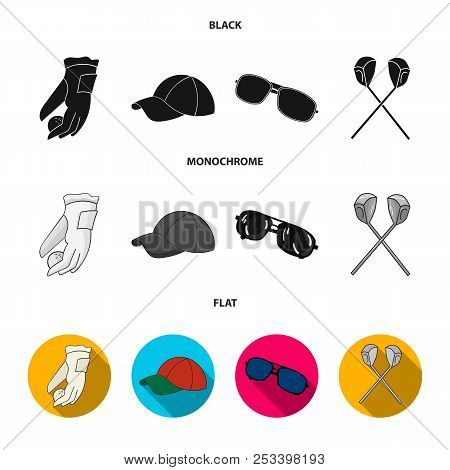 A Glove For Playing Golf With A Ball, A Red Cap, Sunglasses, Two Clubs. Golf Club Set Collection Ico