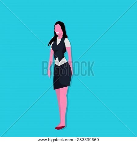 Brunette Businesswoman Successful Team Worket Concept Female Cartoon Character Full Length Flat Blue