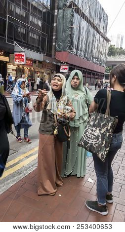 08.07.2018 Meeting Of Mostly Female, Filipino Workers On A Street In Downtown Hong Kong, China.