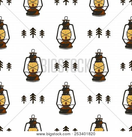 Retro Camp Seamless Pattern With Lanterns And Trees. Vintage Hand Drawn Concept. Old Style Colors. S