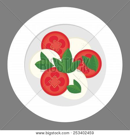 White Porcelain Plate With Tomato Slices, Mozzarella Cheese And Green Basil Leaves, Caprese - Vector