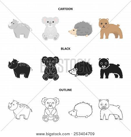 Rhino, Koala, Panther, Hedgehog.animal Set Collection Icons In Cartoon, Black, Outline Style Vector 