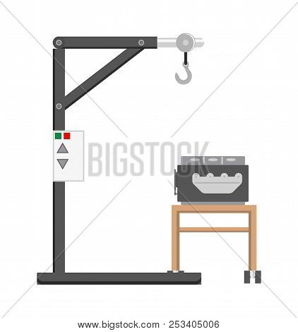 Engine Servicing Process In Abstract Automobile Workshop, Isolated Vector Illustration White Backgro