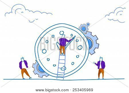 Businessman Climbing Ladder Clock Time Management Concept People Set Up Time Team Working Process Ho