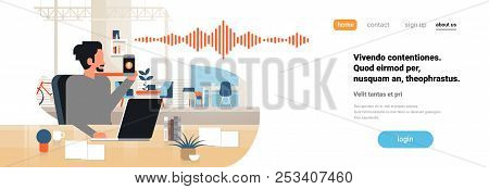 Man Hold Phone Intelligent Voice Personal Assistant Recognition Sound Waves Technology Concept Offic