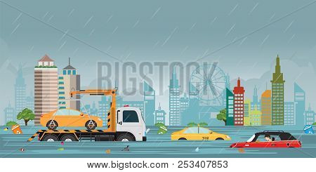 Heavy Rain Drops And City Flood On City View With Cars And Garbage Floating In The Water,vector Illu