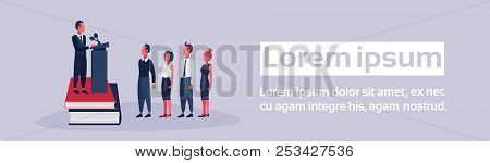 Businessman Standing Book Stack Tribune Business Forum Concept Cartoon Character Gray Background Ful
