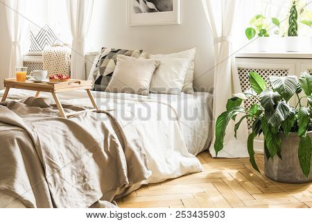 Breakfast Tray On A Comfy Bed With Beige Sheets And Pillows In A Serene, Sunlit Hotel Bedroom Interi