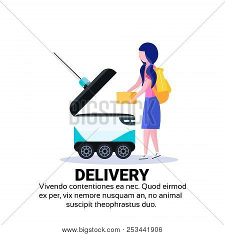 Girl Loading Box Robot Self Drive Fast Delivery Goods In City Car Robotic Carry Concept Isolated Cop