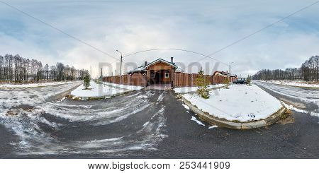 Mogilev, Belarus - December, 2017: Panorama 360 Degrees Angle View Near Gate Of  Wooden Vacation Hou
