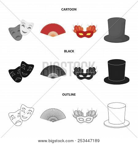 Theatrical Mask, Cylinder, Fan, Mask On The Eyes. Theater Set Collection Icons In Cartoon, Black, Ou