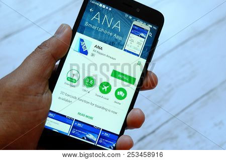 Bandar Seri Begawan,brunei - July 25th,2018 : A Male Hand Holding Smartphone With All Nippon Airways