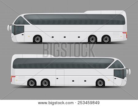 Blank White Private Charter, Tour Or Coach Bus Right And Left Side View Realistic Template. Modern C