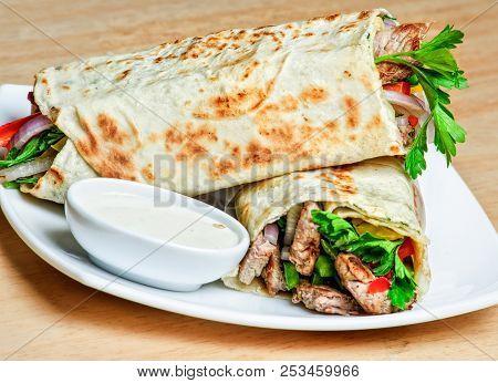 Eastern Traditional Shawarma Plate With Sauce.arabic Food.