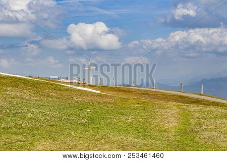 Green Grass Field On Top Of Rigi Kulm Luzern Switzerland With Alps Snow Mountain View A