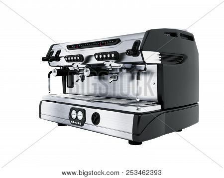 Modern Metal Professional Coffee Machine For Two Cups In The Coffee Shop Front View 3d Rendering On 