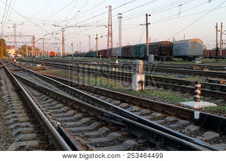 Railway Pointwork, Railway Tracks On The Station At Summer Sunset. Transportation