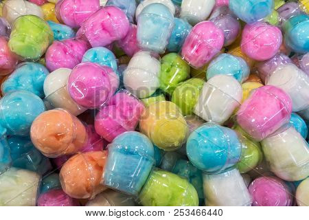 Box Of Colorful Candyfloss Cotton Candy. Smooth Colorful Cotton Balls Canvas.