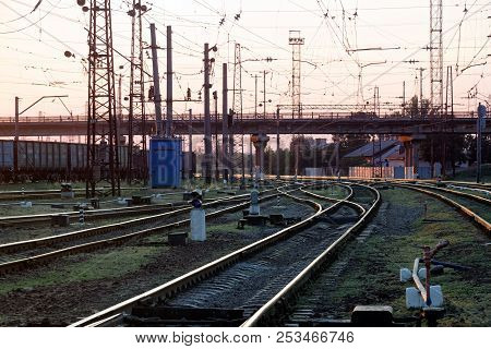 Railway Pointwork, Railway Tracks On The Station At Summer Sunset. Transportation
