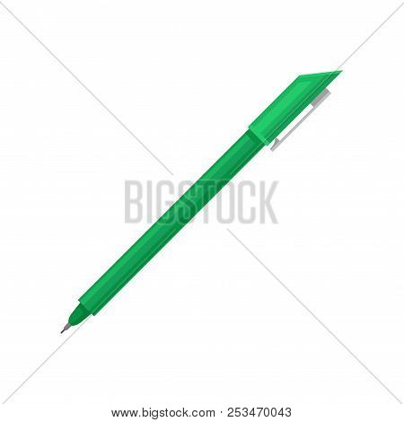 Flat Vector Icon Of Bright Green Ballpoint Pen With Fine Tip And Cap. Instrument For Writing And Dra