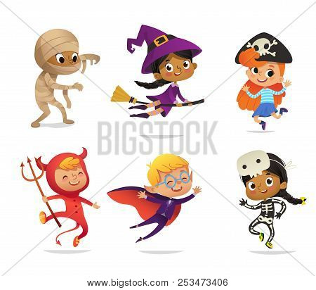 Set Of Multiracial Boys And Girls, Wearing Halloween Costumes Isolated On White Background. Cartoon 