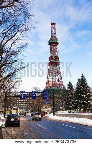 Sapporo, Japan - 30 December 2017 - Sapporo Tv Tower, Famous Landmark, Stands Tall Against Beautiful