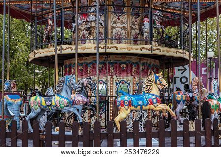 Old Carousel In The Amusement Park Without People