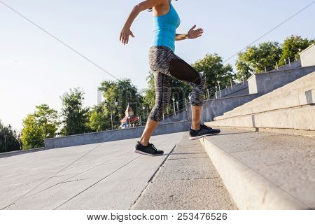 Healthy Lifestyle Sports Woman Running Up On Stone Stairs Sunrise Seaside