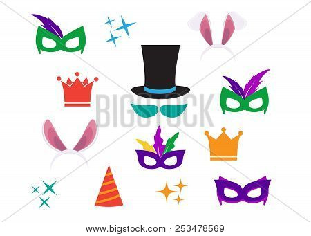 Party Birthday Photo Booth Props. Hat And Mask, Costume And Cylinder, Bunny Ears Nose Moustache
