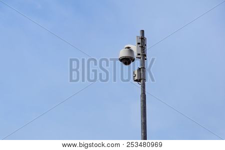 Outdoor Video Surveillance Camera , Dome Security Camera On The Street.