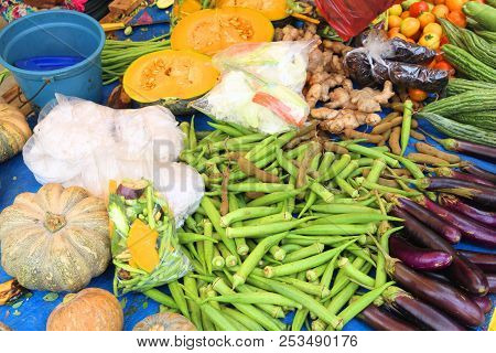Okra, Pumpkings And Ginger At A Local Market In El Nido, Palawan, Philippines.