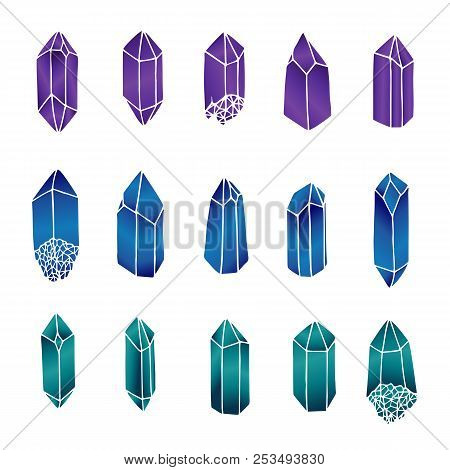Hand Drawn Vector Crystals Set Isolated On The White Background. Blue, Green And Purple Gemstones In