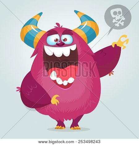 Cartoon Smart Monster Nerd Wearing Glasses. Vector Illustration Of Excited Monster Character Waving 