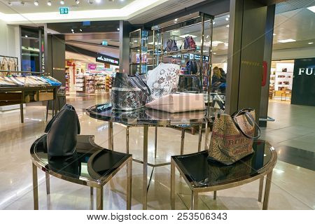 ROME, ITALY - CIRCA NOVEMBER, 2017: interior shot of Burberry store in Fiumicino International Airport. Burberry Group PLC is a British luxury fashion house.