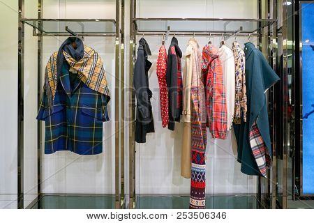 ROME, ITALY - CIRCA NOVEMBER, 2017: interior shot of Burberry store in Fiumicino International Airport. Burberry Group PLC is a British luxury fashion house.