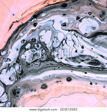 Abstract texture. Modern artwork background. Mixed black, pink and blue pianting. Fluid Art. Unusual trendy background for poster, card, invitation. Contemporary art.