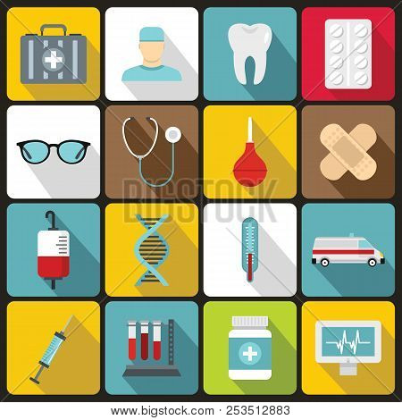 Medicine Icons Set In Flat Style. Medical Care Set Collection Illustration
