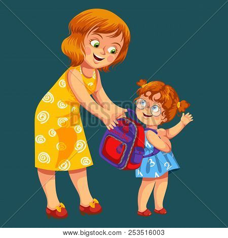 School Shopping Colorful Poster Happy Smiling Schoolgirl With Mother Choosing New Nice Bag Vector Il