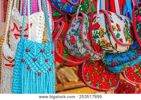 Background With Bags Embroidered And Decorated With Specific Patterns Of The Maramures Area, Romania