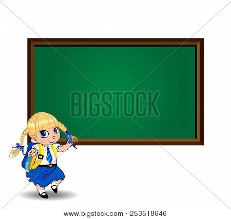Kawaii Little Blonde Schoolgirl With Braids And Big Blue Eyes Wearing Uniform With Backpack Standing