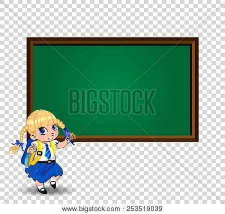 Kawaii Little Blonde School Girl With Braids And Big Blue Eyes Wearing Uniform With Backpack Standin